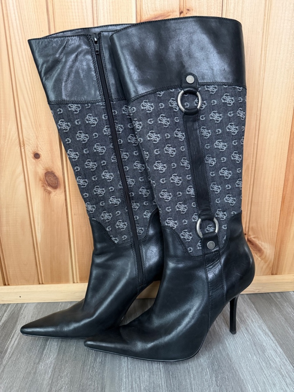 GUESS Black Leather & Monogram Knee-High Stiletto Boots